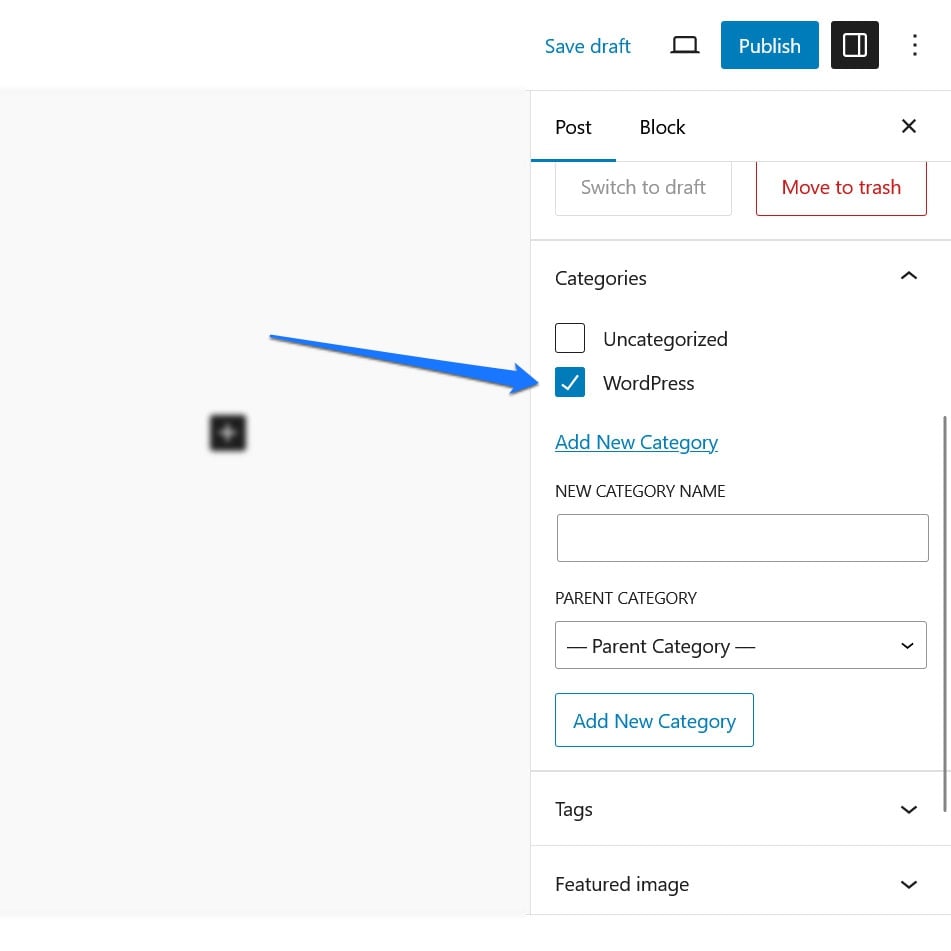 Category options within a post. Options are Uncategorized and WordPress, with WordPress selected as the category