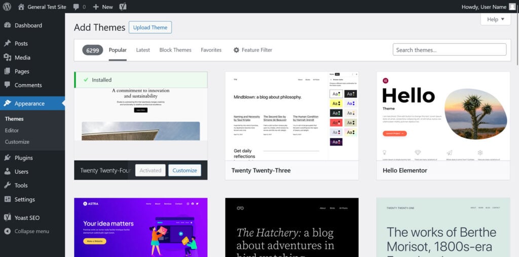 Add Themes functionality under Appearance section within WordPress dashboard