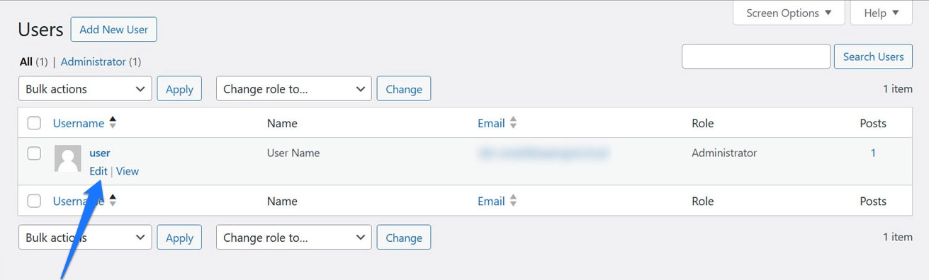 User profile listed on the All Users page of a WordPress website's dashboard