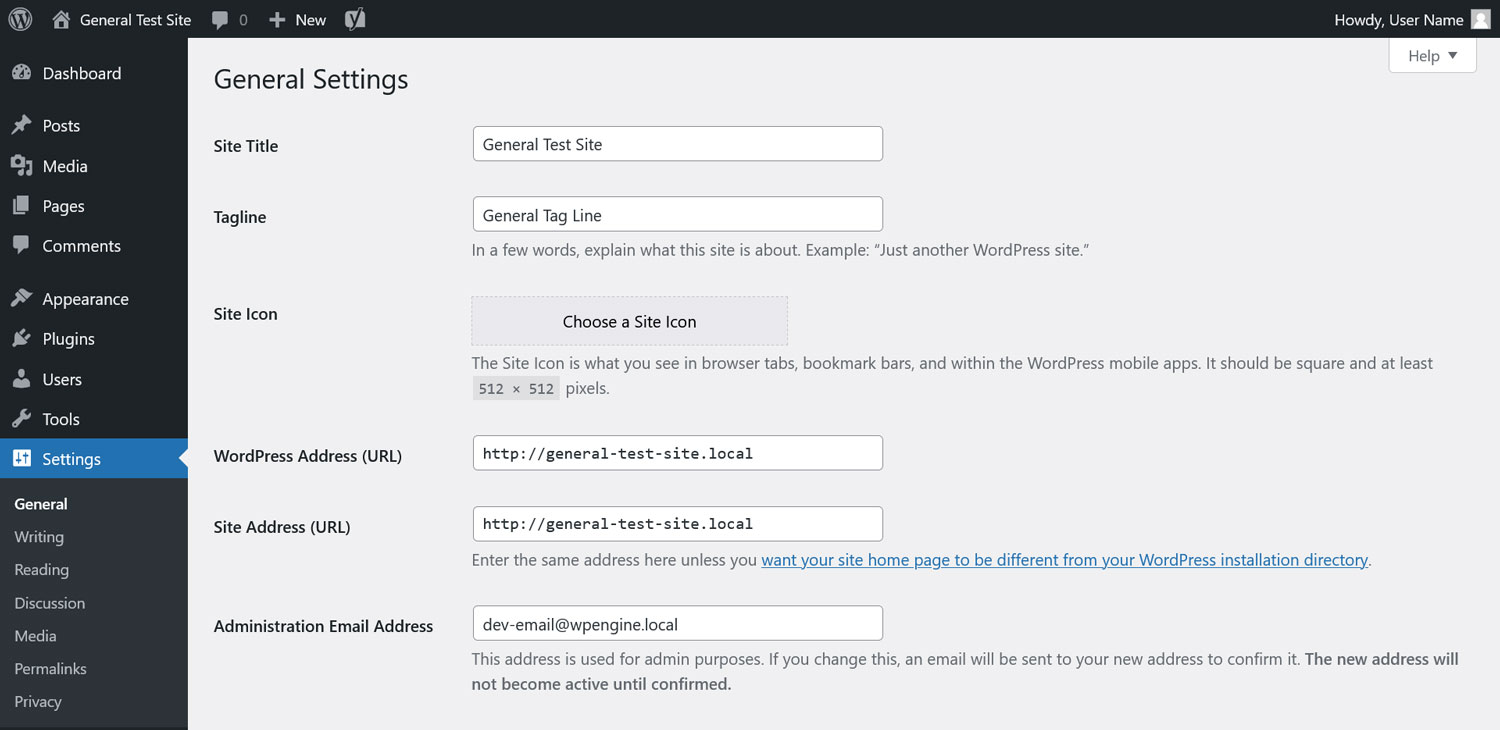 General settings within WordPress dashboard