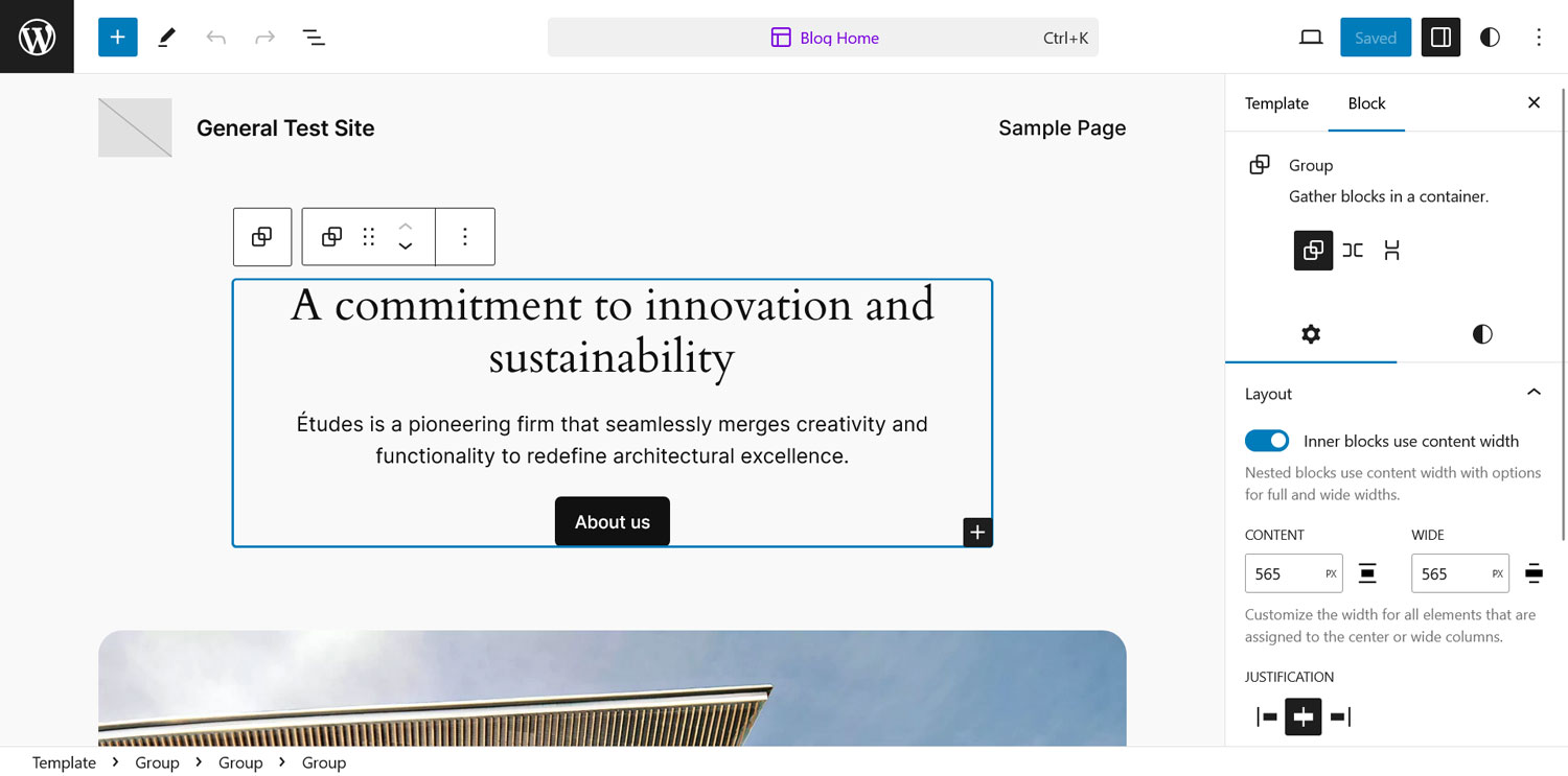 Blocks on a page using the Site Editor within WordPress