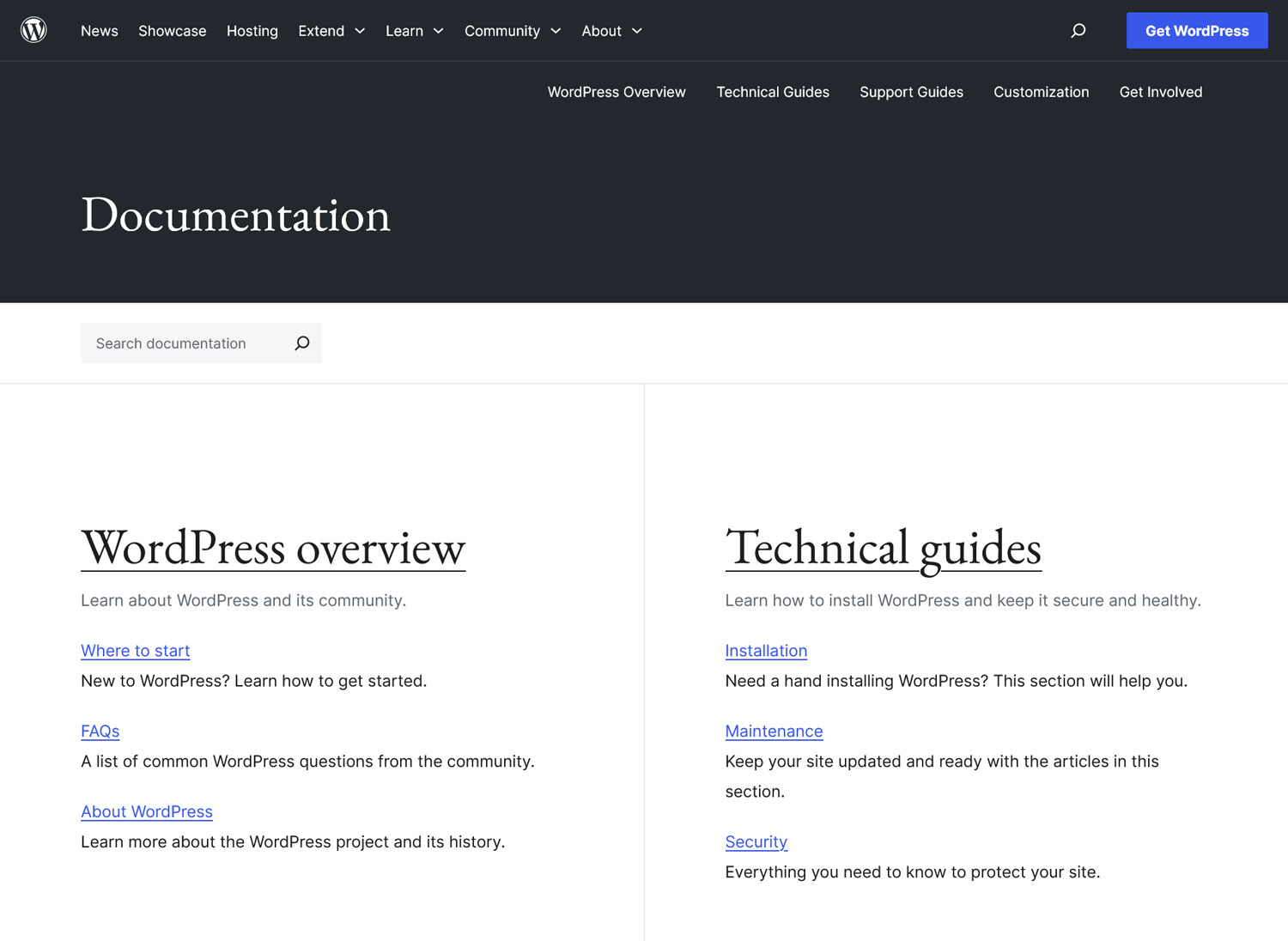 WordPress.org Documentation page