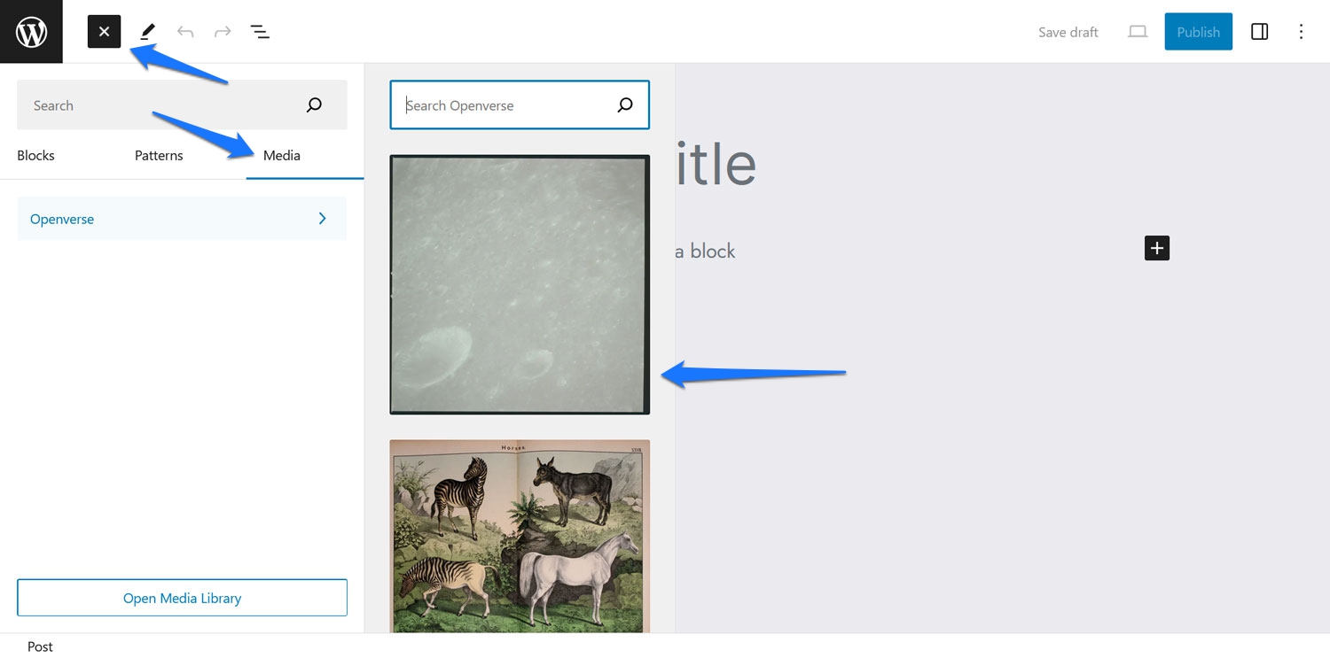Openverse opened directly from WordPress website dashboard