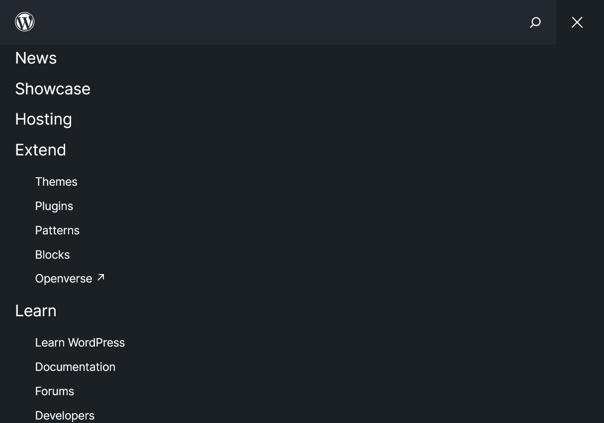 Screenshot of WordPress.org menu showing News, Showcase, Hosting Extend, and Learn pages as well as secondary pages under the Extend and Learn headings