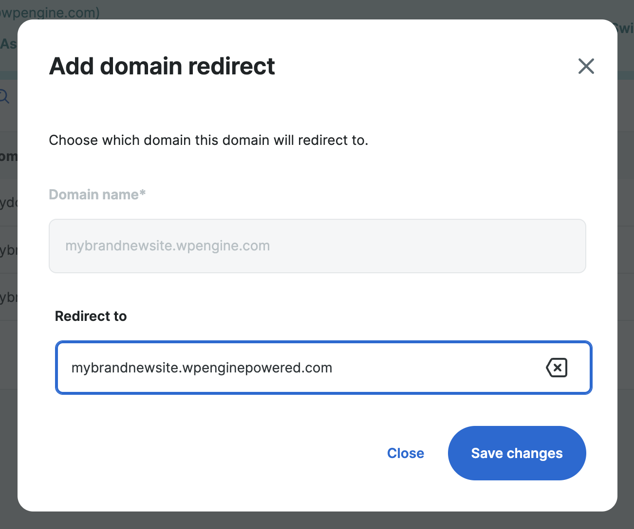 Screenshot of the WP Engine User Portal Domains page showing the popup window for adding a domain redirect.