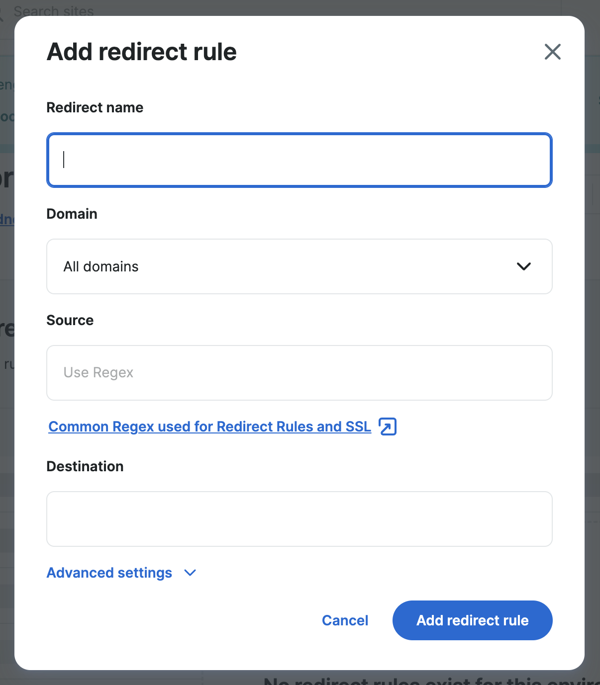 Screenshot of the Add Redirect Rule popup window in the WP Engine User Portal.