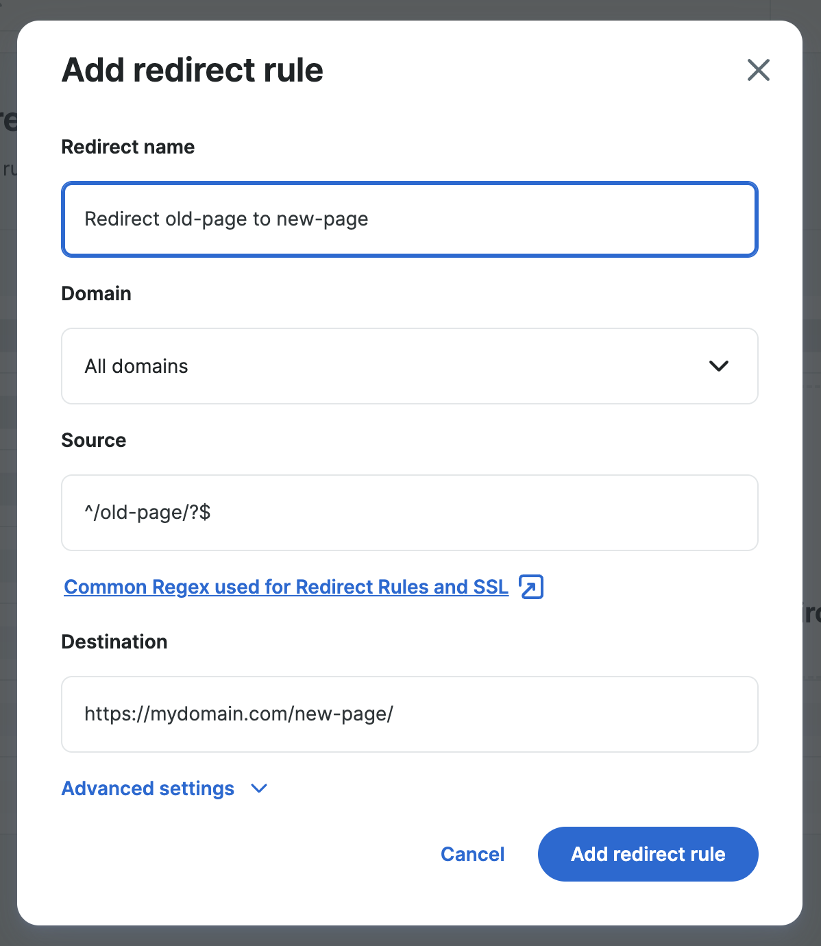 Screenshot of adding an example redirect rule in the WP Engine User Portal.