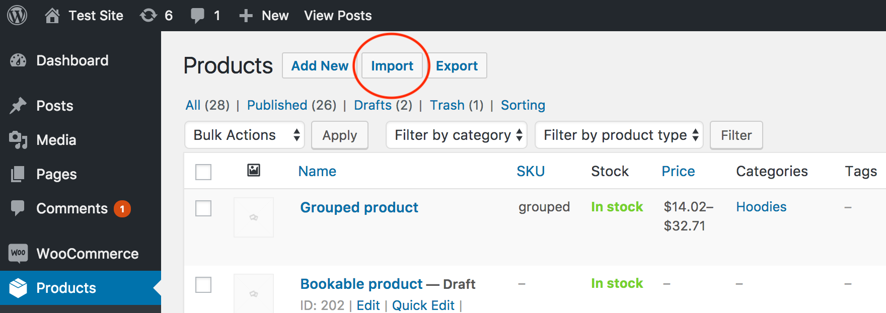 The “Import” button on the “Products” page of the WooCommerce admin dashboard opens the product importer interface.