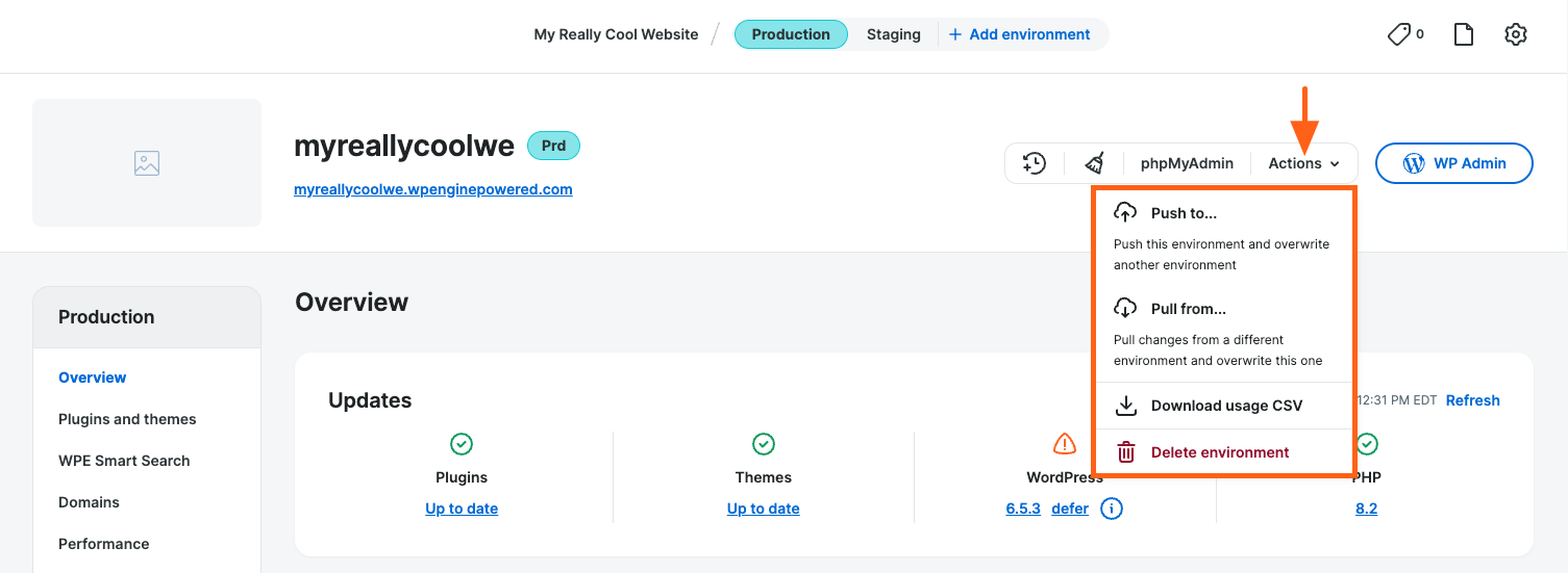Actions menu for an environment in the WP Engine User Portal