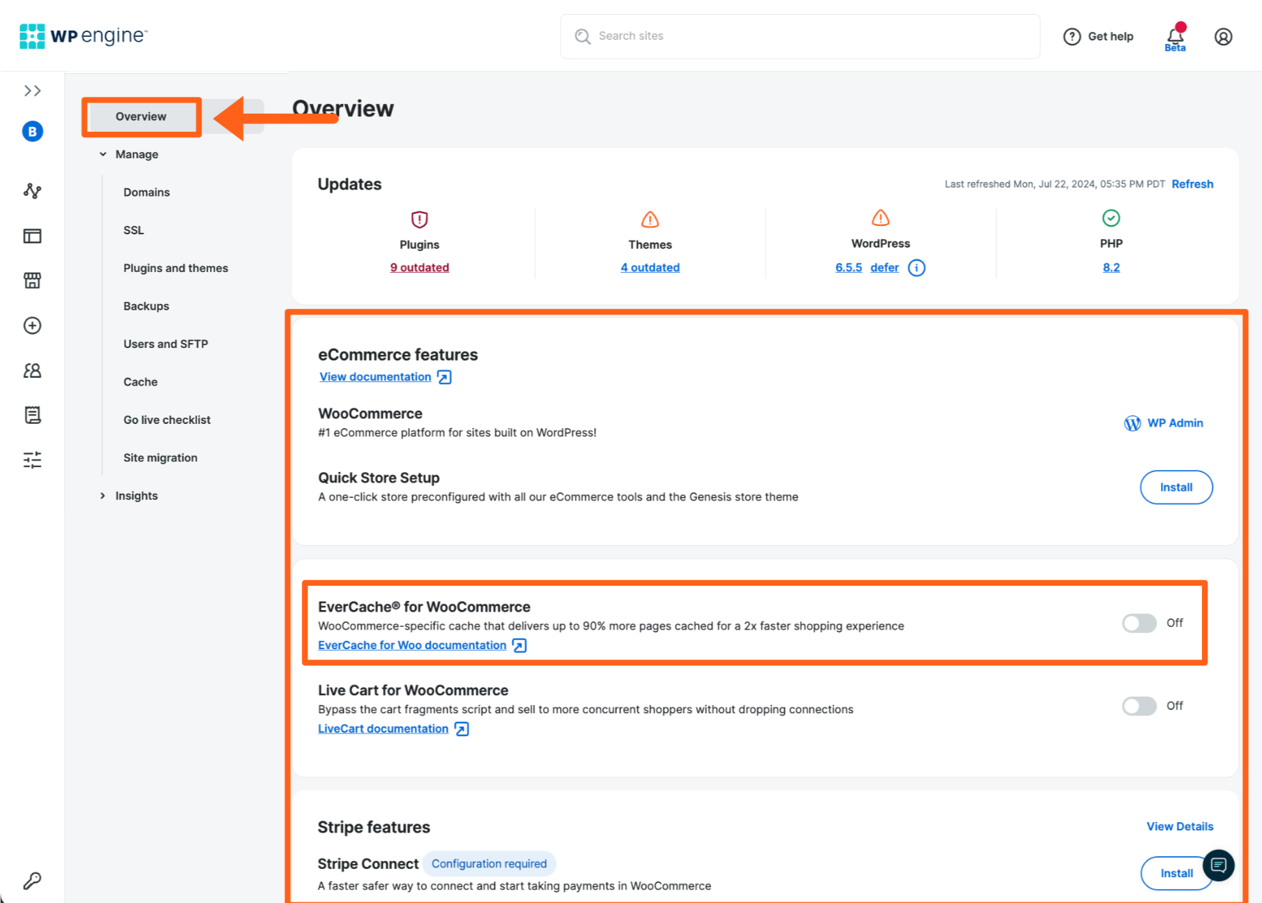 Screenshot of an environment's Overview page in the WP Engine User Portal showing the EverCache for WooCommerce feature