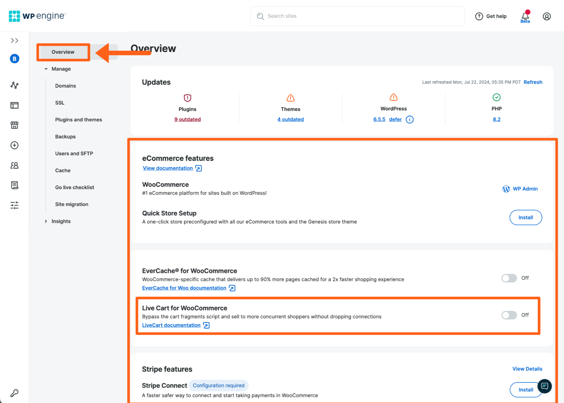 Screenshot of an environment's Overview page in the WP Engine User Portal showing the Live Cart for WooCommerce feature
