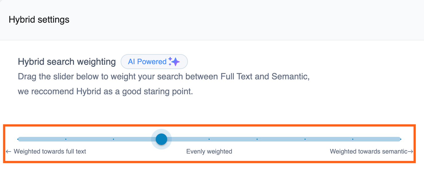 Screenshot of the WP Engine User Portal showing where to change Hybrid Search Weighting Settings in the WP Engine Smart Search plugin.