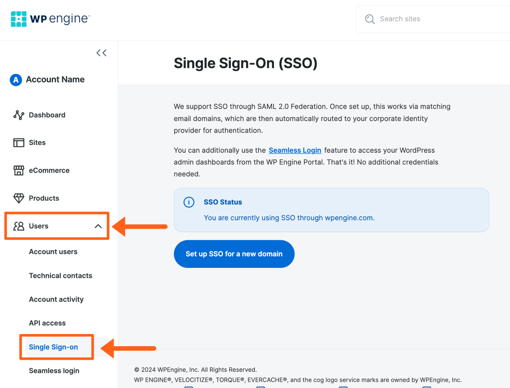 Screenshot of the Single Sign-on page in the WP Engine User Portal