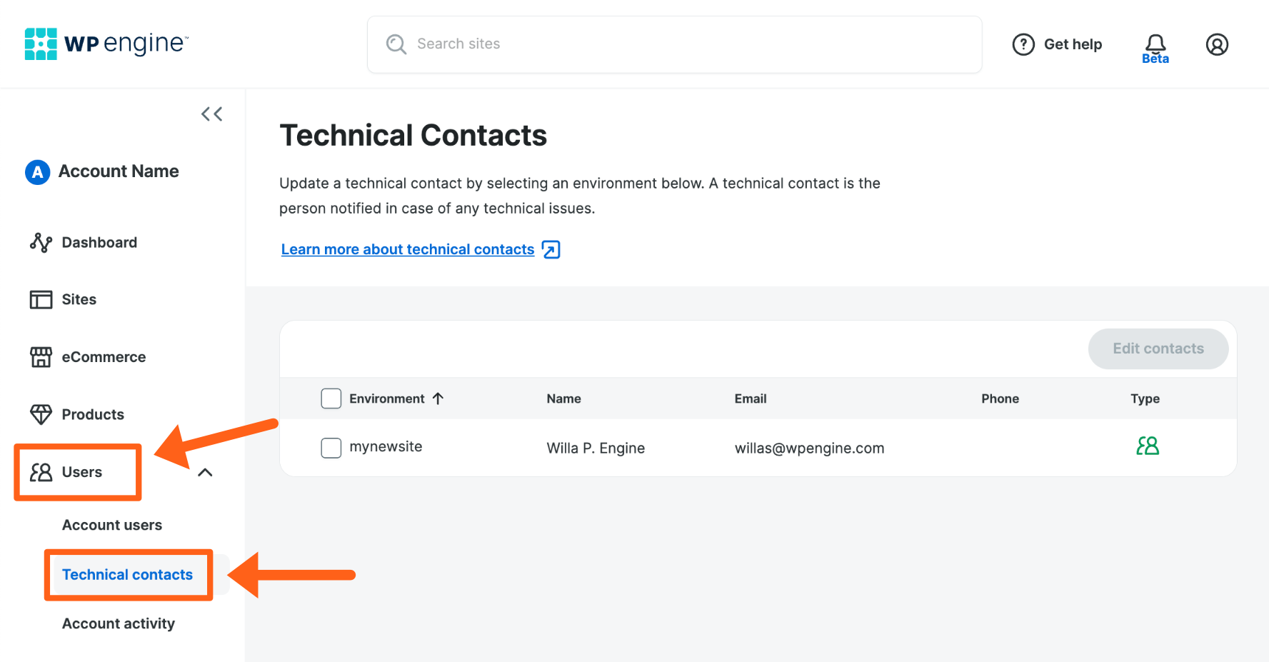 Screenshot of the Technical Contacts page in the WP Engine User Portal