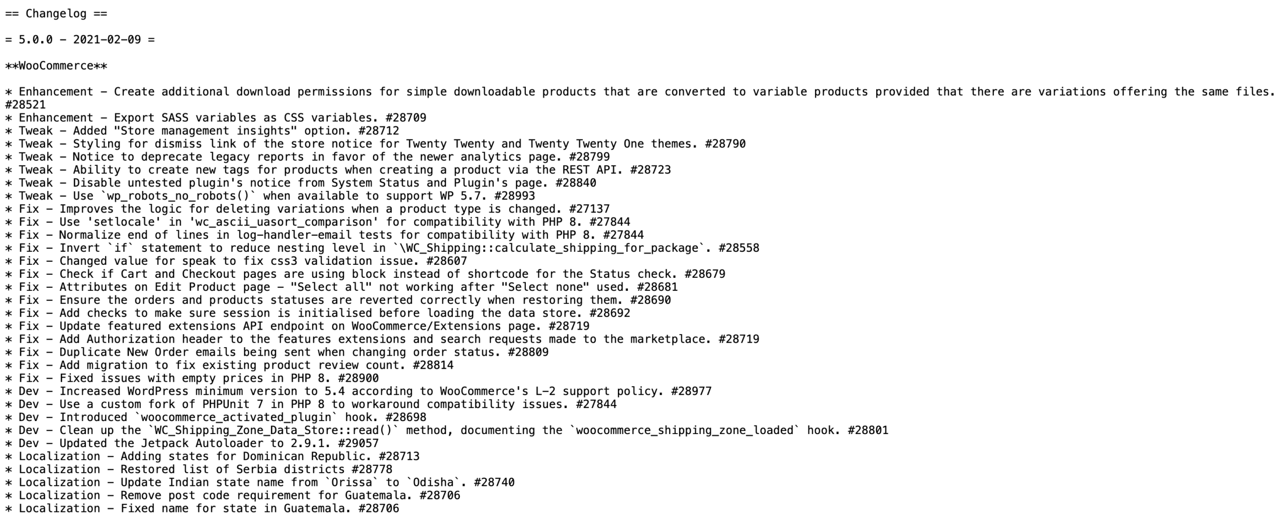 Example of a WooCommerce changelog for version 5.0.0, showing updates, bug fixes, and improvements. Source: WooCommerce Changelog.