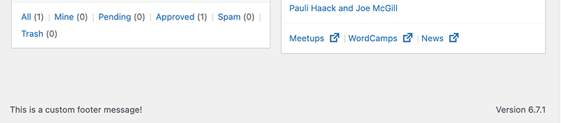 Screenshot of part of the WordPress admin, with "This is a custom footer message!" displayed in the footer.
