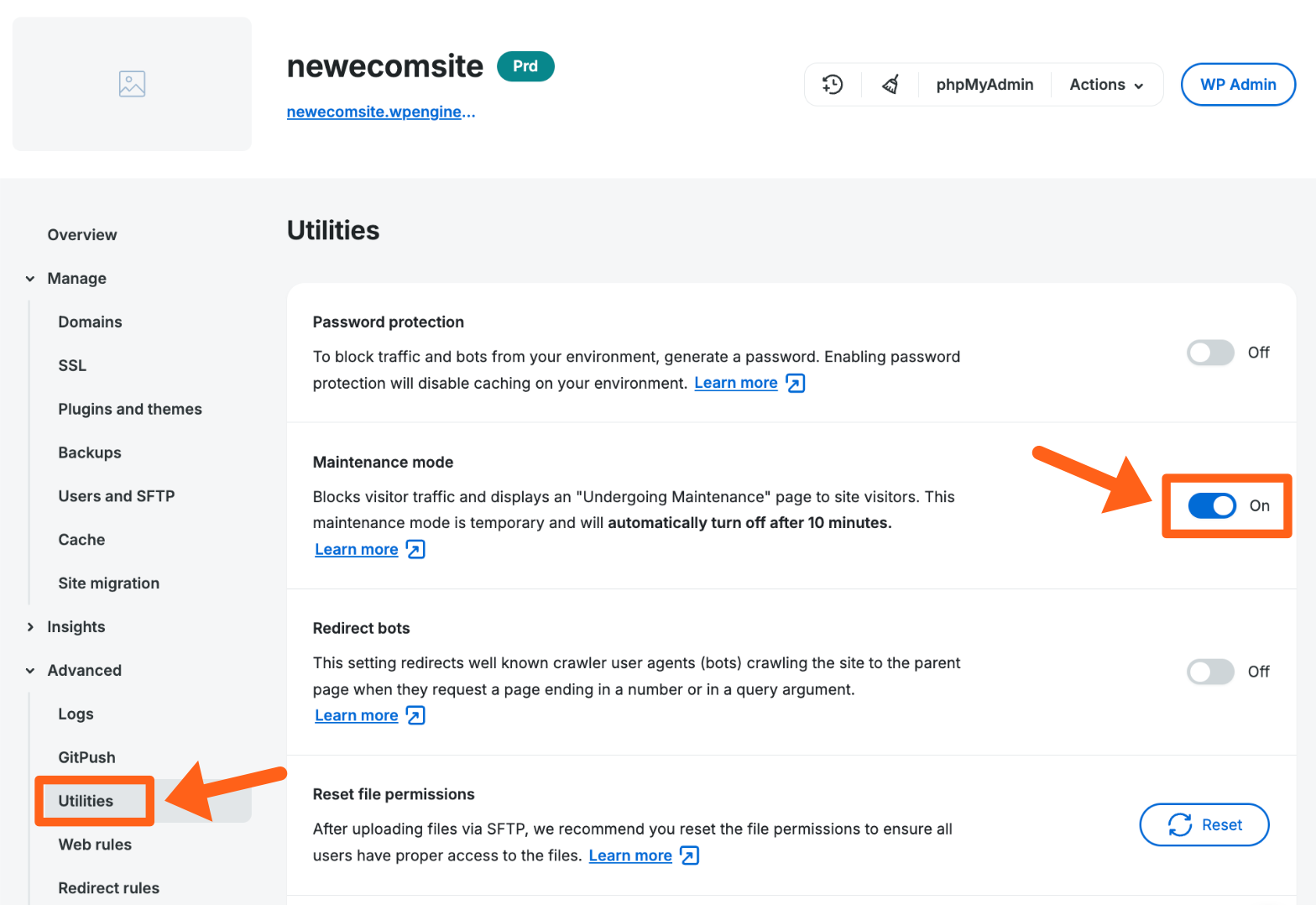Screenshot of the option to toggle WordPress maintenance mode for an environment in the WP Engine User Portal