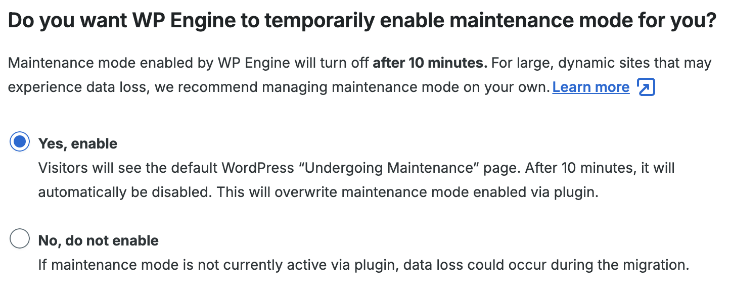 Screenshot of the option to enable maintenance mode for a site transfer from an environment's overview page in the WP Engine User Portal 