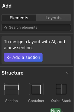 A screenshot of the section of the Webflow editor that designers can drag elements from onto their page.