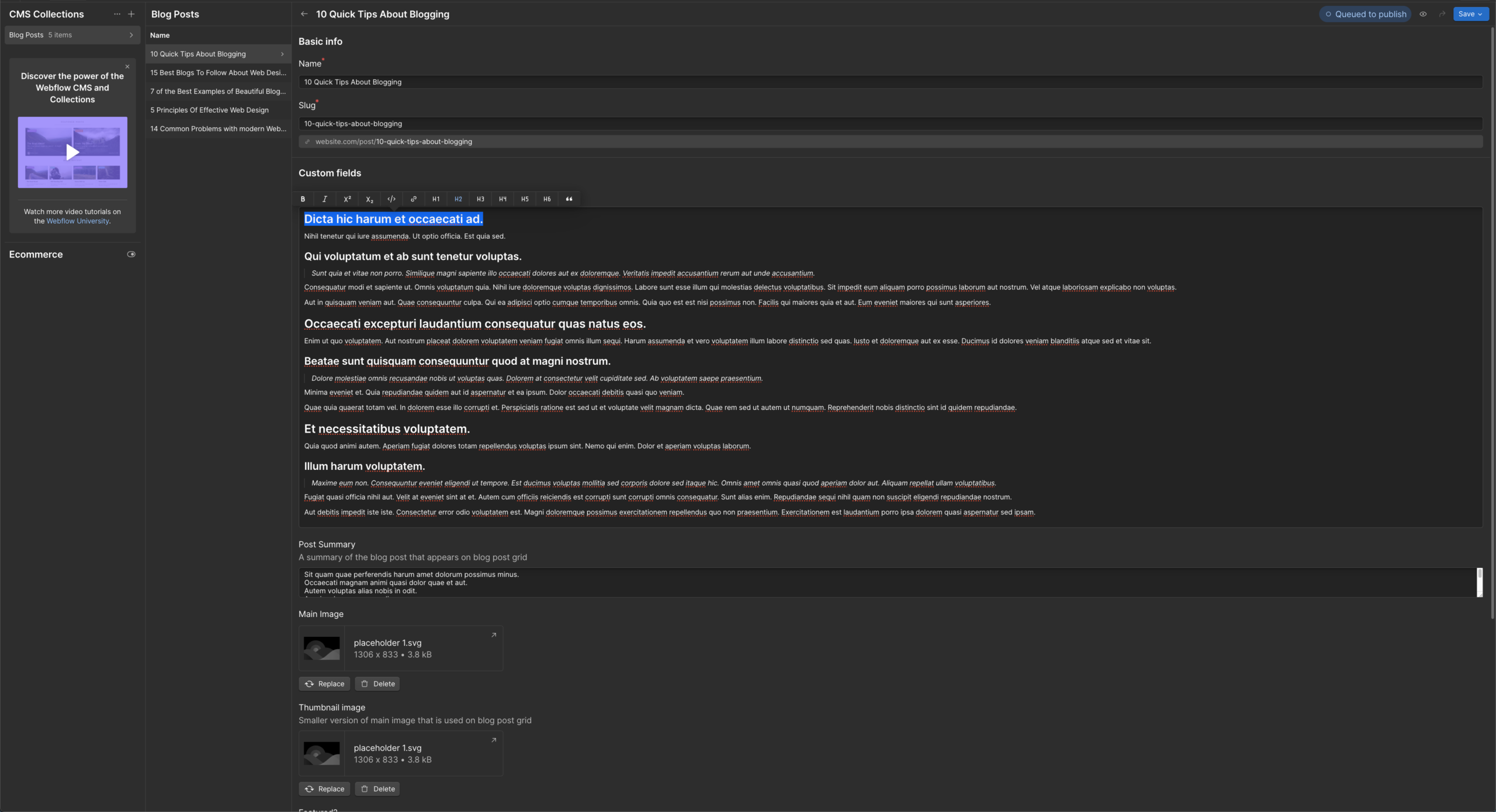 A screencap of a basic blog post editing screen in Webflow.