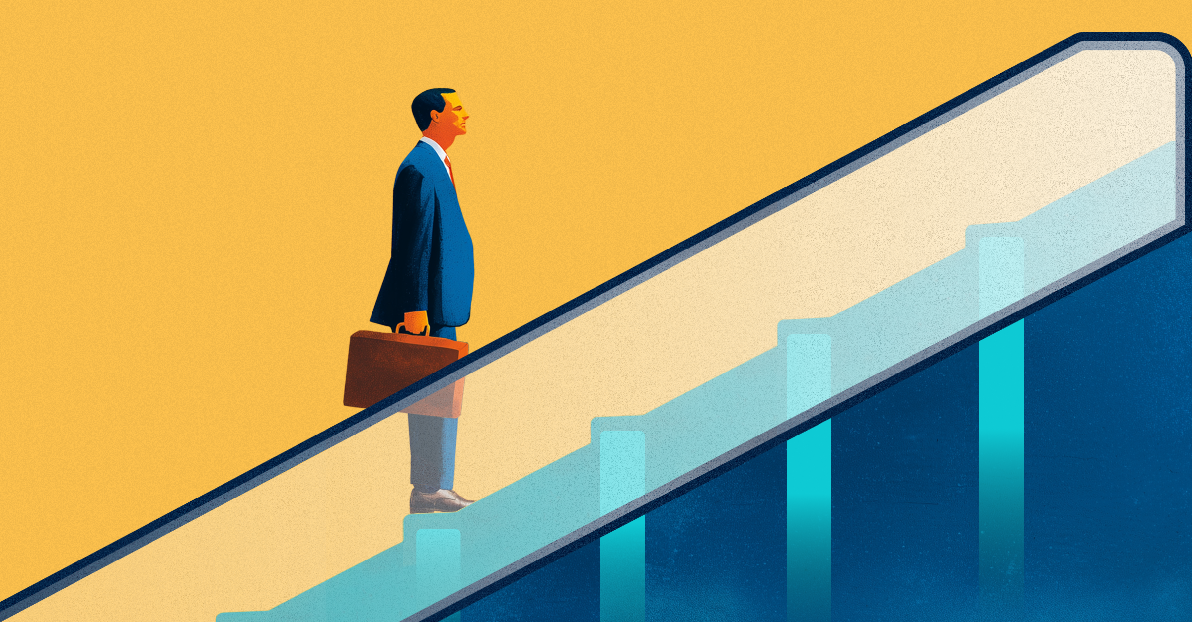 An illustration of a business man going up an escalator.