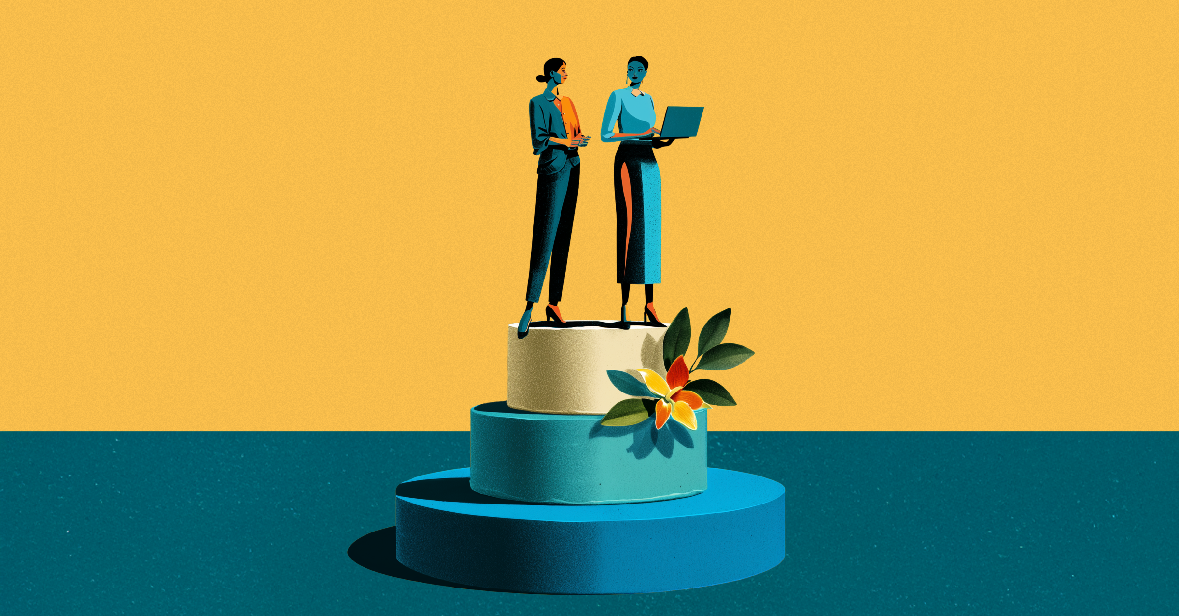 An illustration of two business women on top of a cake.