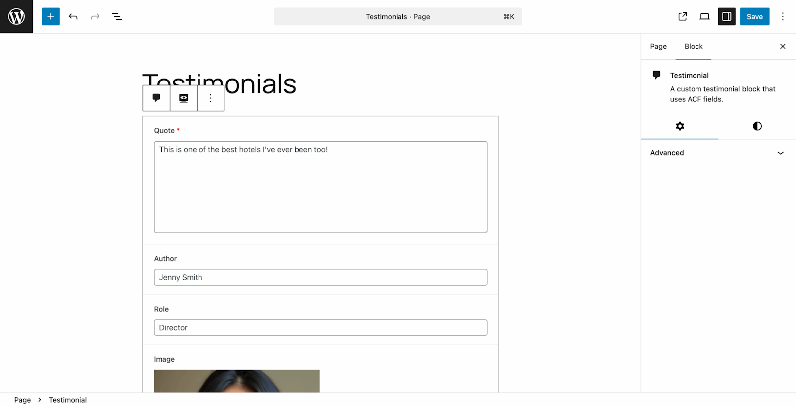 A screenshot showing the way content inside of ACF Blocks was edited prior to ACF 6.6. 