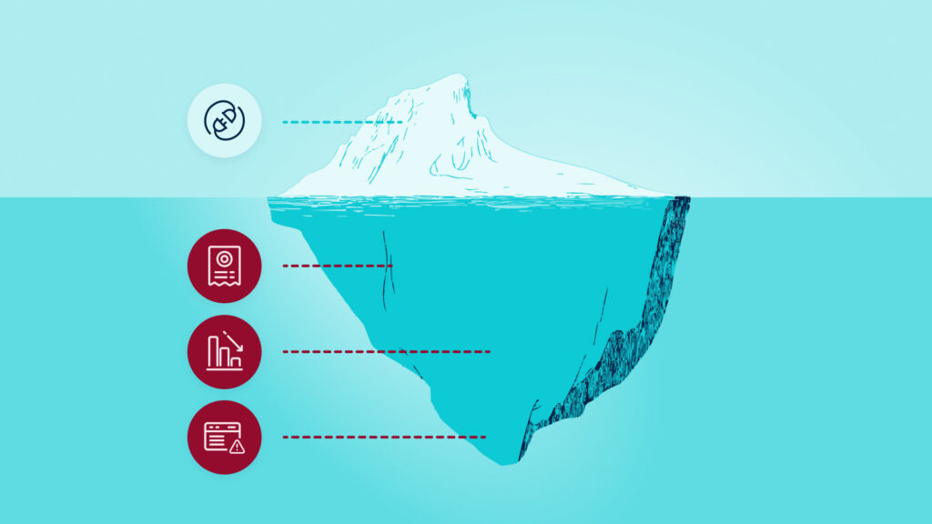 An iceberg showing that the hidden costs of store operations are often buried under the surface when using multiple tools to run different aspects of an eCommerce store