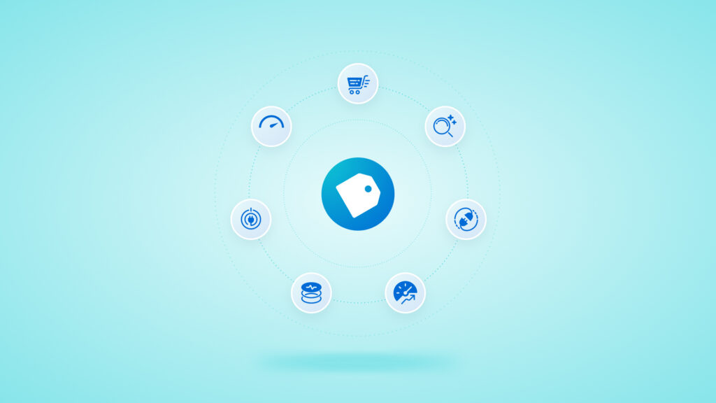A single price tag icon surrounded by other icons, illustrating how a single eCommerce platform that handles the most crucial aspects of store performance can simplify operations and drive revenue