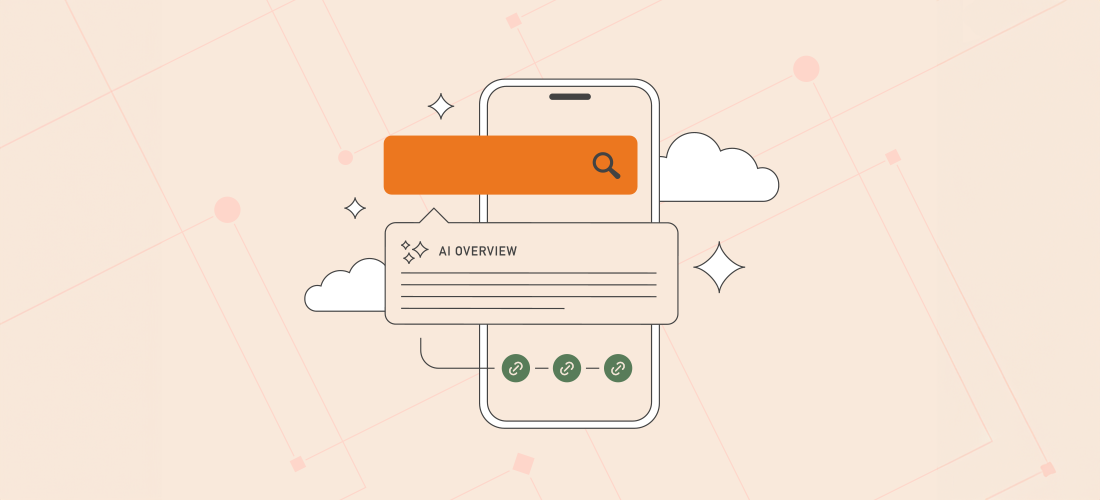 illustration of mobile phone with search bar and AI overview callout section. a line extending from the AI overview blurb leads to three link icons