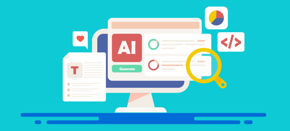 Illustration of a computer monitor displaying an AI interface with a 'Generate' button, text document, heart icon, magnifying glass, pie chart, and code symbol.