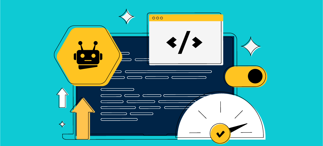 Illustration of a laptop with code, a robot icon, a browser window showing code symbols, a speed gauge, and upward arrows, all on a teal background, representing efficiency and automation in development.
