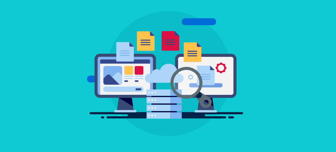 Digital illustration showing two computer monitors, a stack of servers, a cloud icon, and a magnifying glass, representing data management and analysis.