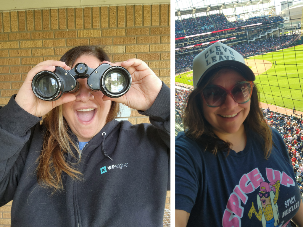 Two pictures of Brandi Baggerman. In the photo on th left, she's smiling and looking through a pair of binoculars wearing a WP Engine zip-up sweatshirt. In the photo on the right, she's smiling and wearing sunglasses while attending a baseball game.