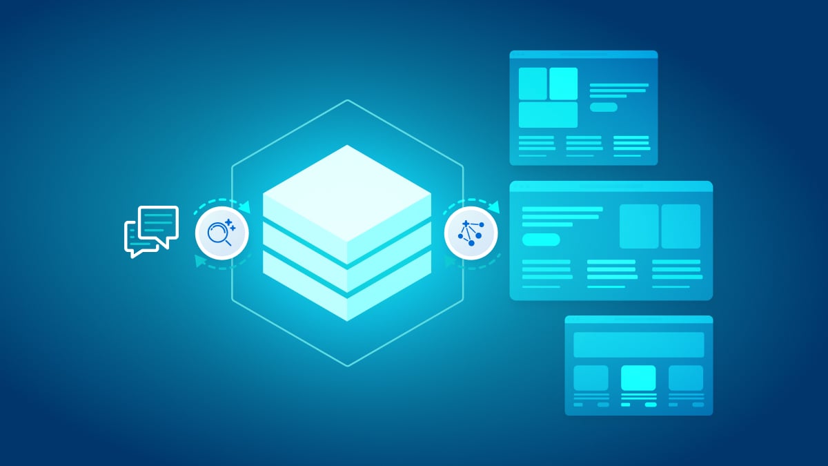 A diagram illustrating data flow: chat and search icons lead to a central stacked cube system, which then connects to a network icon and three web page mockups.