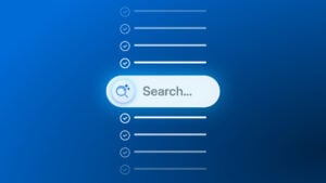 A glowing white search bar with a magnifying glass and 'Search...' text, positioned centrally on a blue background, surrounded by a list of checked items.