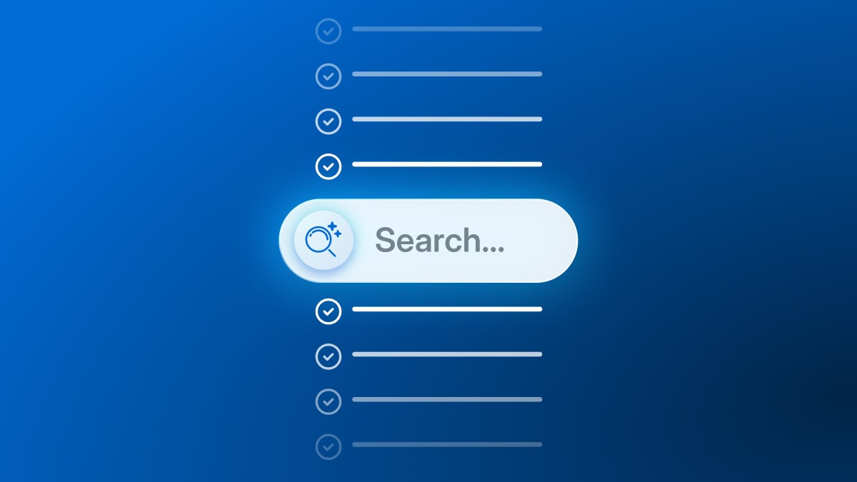 A glowing white search bar with a magnifying glass and 'Search...' text, positioned centrally on a blue background, surrounded by a list of checked items.